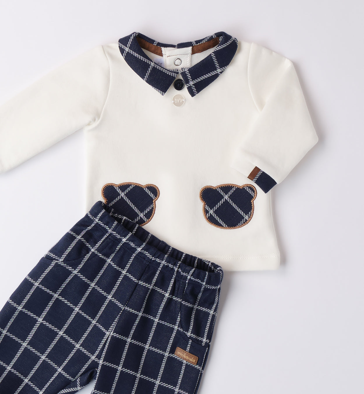 tutina neonato caldo cotone quadretti blu dettaglio colletto e tasche