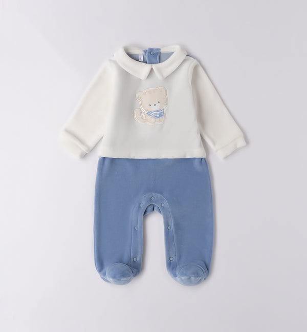 tutina neonato ciniglia azzurra con gattino ricamato