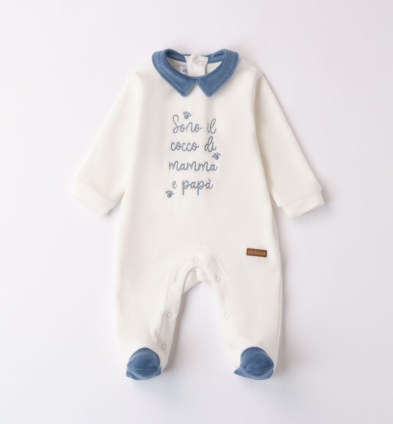tutina neonato ciniglia bianca con colletto e piedini blu
