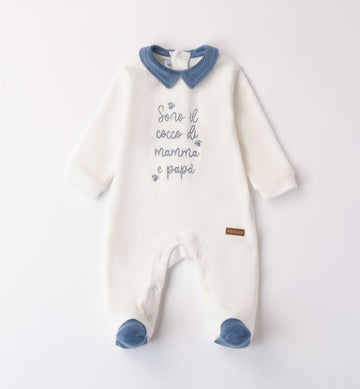 tutina neonato ciniglia bianca con colletto e piedini blu