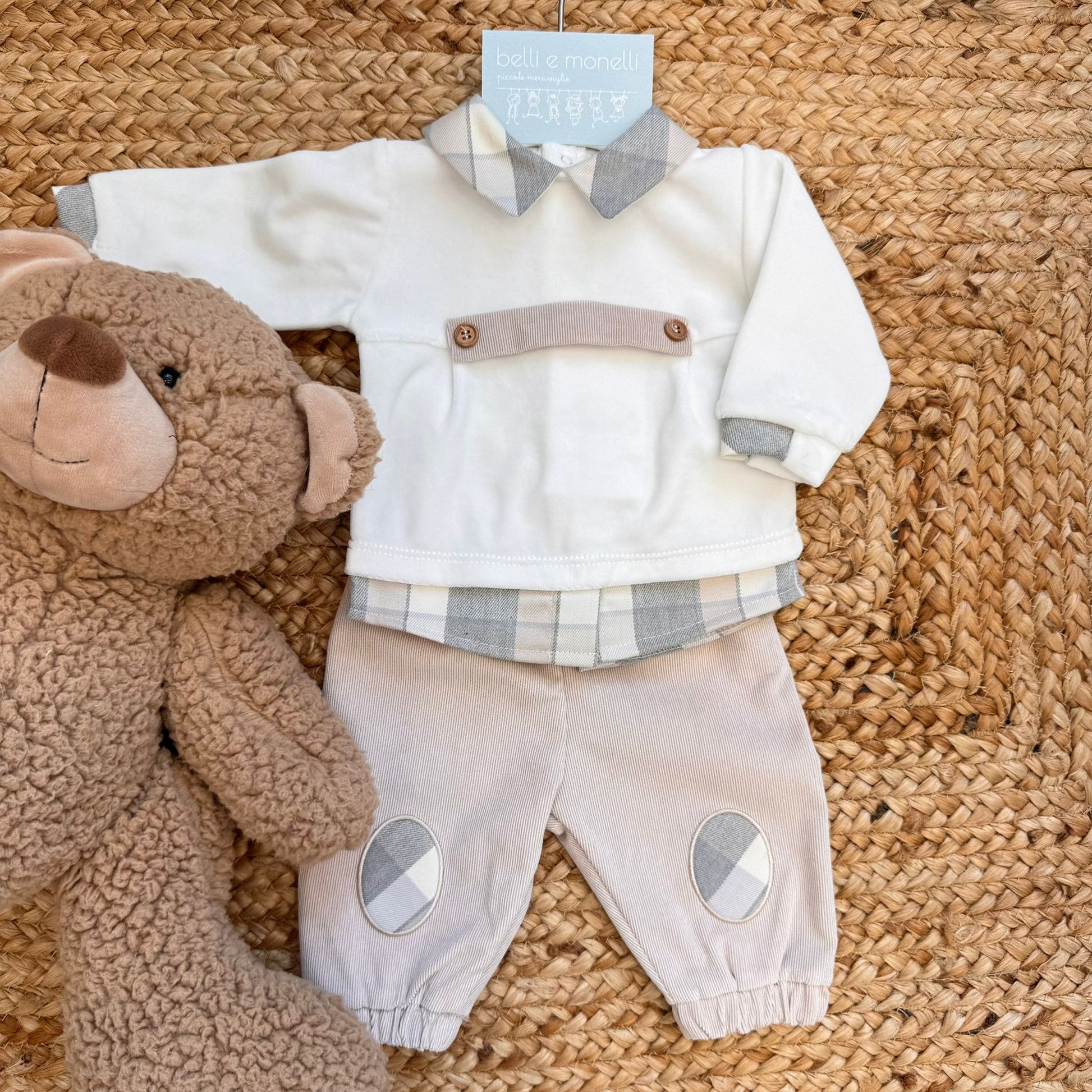 tutina neonato ciniglia panna e beige con colletto scozzese