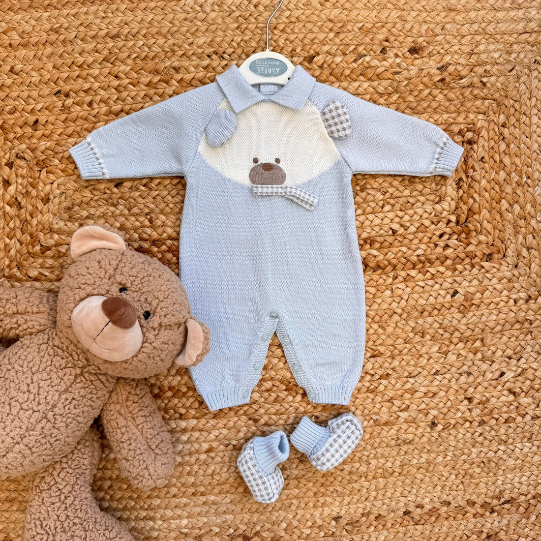 tutina neonato pura lana azzurra con orsetto e scarpette