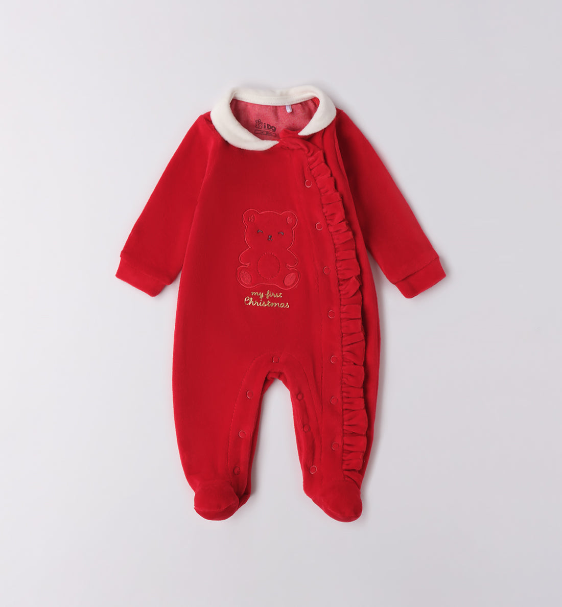 tutina rossa natalizia con orsetto ricamato unisex fronte