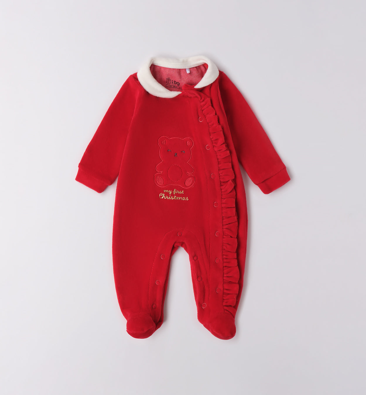 tutina rossa natalizia con orsetto ricamato unisex fronte