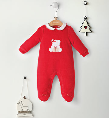 tutina rossa natalizia per neonata con orsetto ricamato fronte