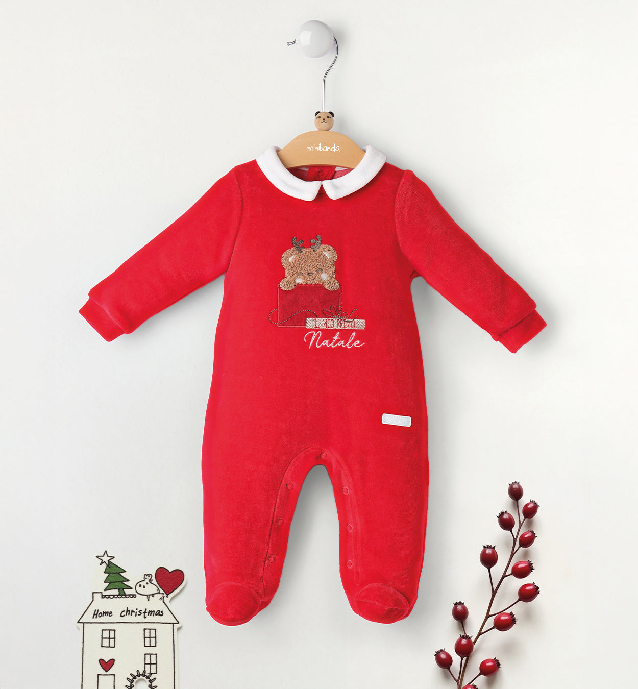 tutina rossa natalizia unisex con orsetto ricamato fronte