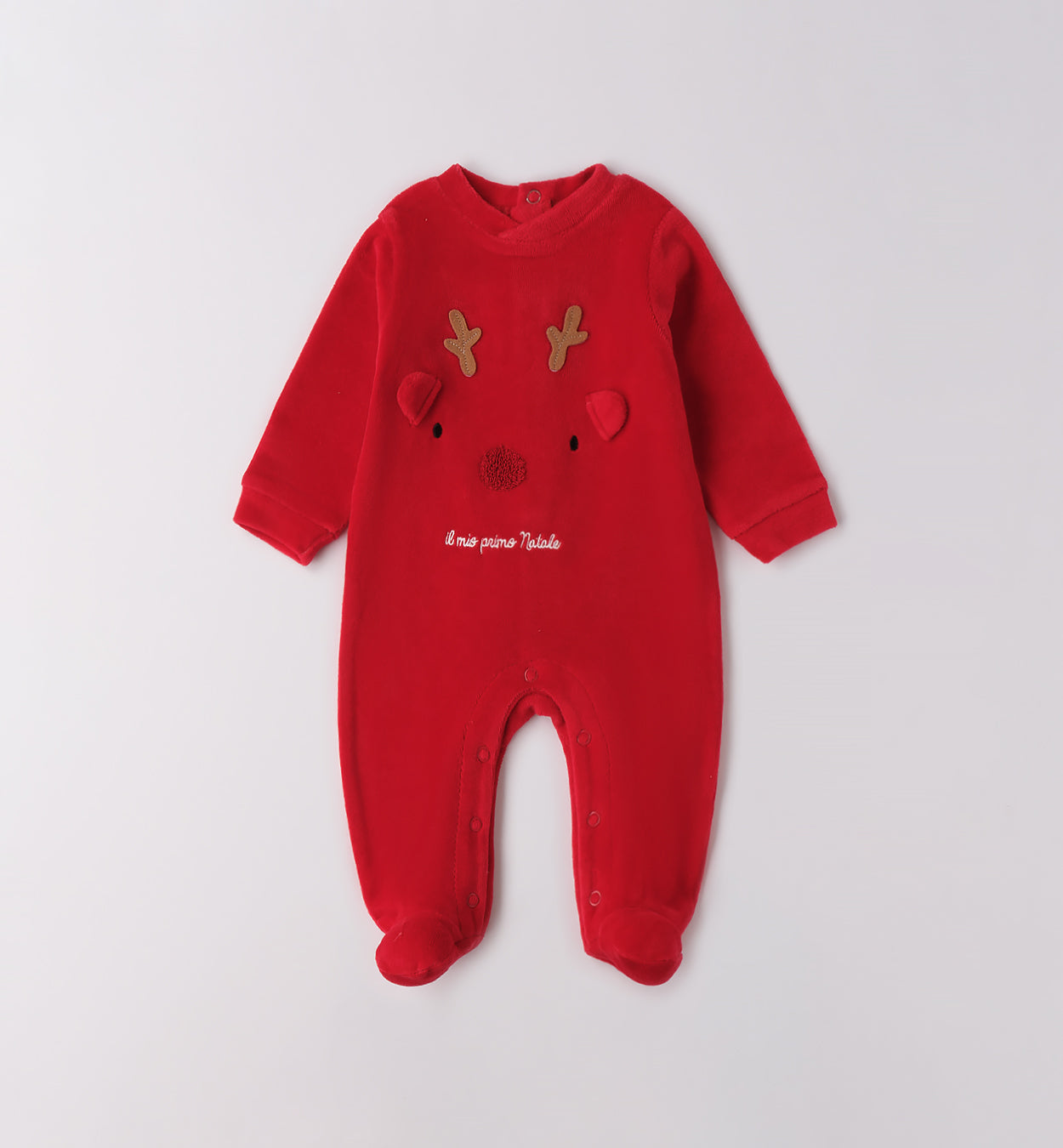 tutina rossa natalizia unisex con renna ricamata fronte