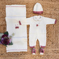 Uscita clinica per neonata in lana vergine bianco latte e marsala