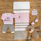  Coordinato completo uscita clinica in pura lana vergine rosa e tortora con tutina, copertina, cappellino e scarpette