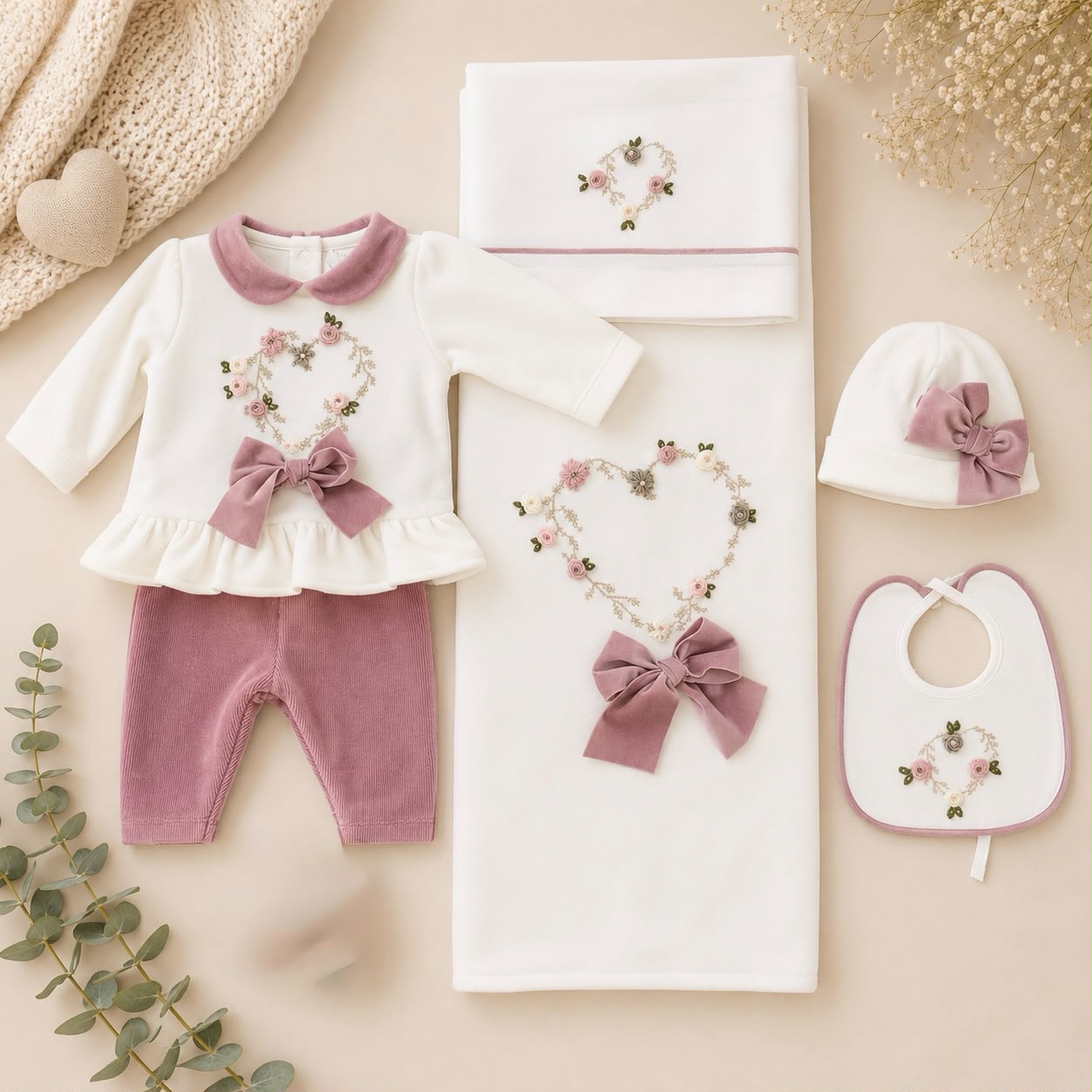Uscita clinica neonata in ciniglia bianca e rosa con completino ricamato a cuore floreale, fiocco applicato, cappello, bavetta, scarpine, lenzuola coordinate e copertina sfoderabile.