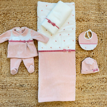 Uscita clinica neonata in ciniglia rosa con copertina sfoderabile e completo lenzuola.