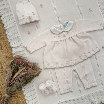 Completo neonata rosa cipria in cotone 100% con ghettina e cuffietta coordinata