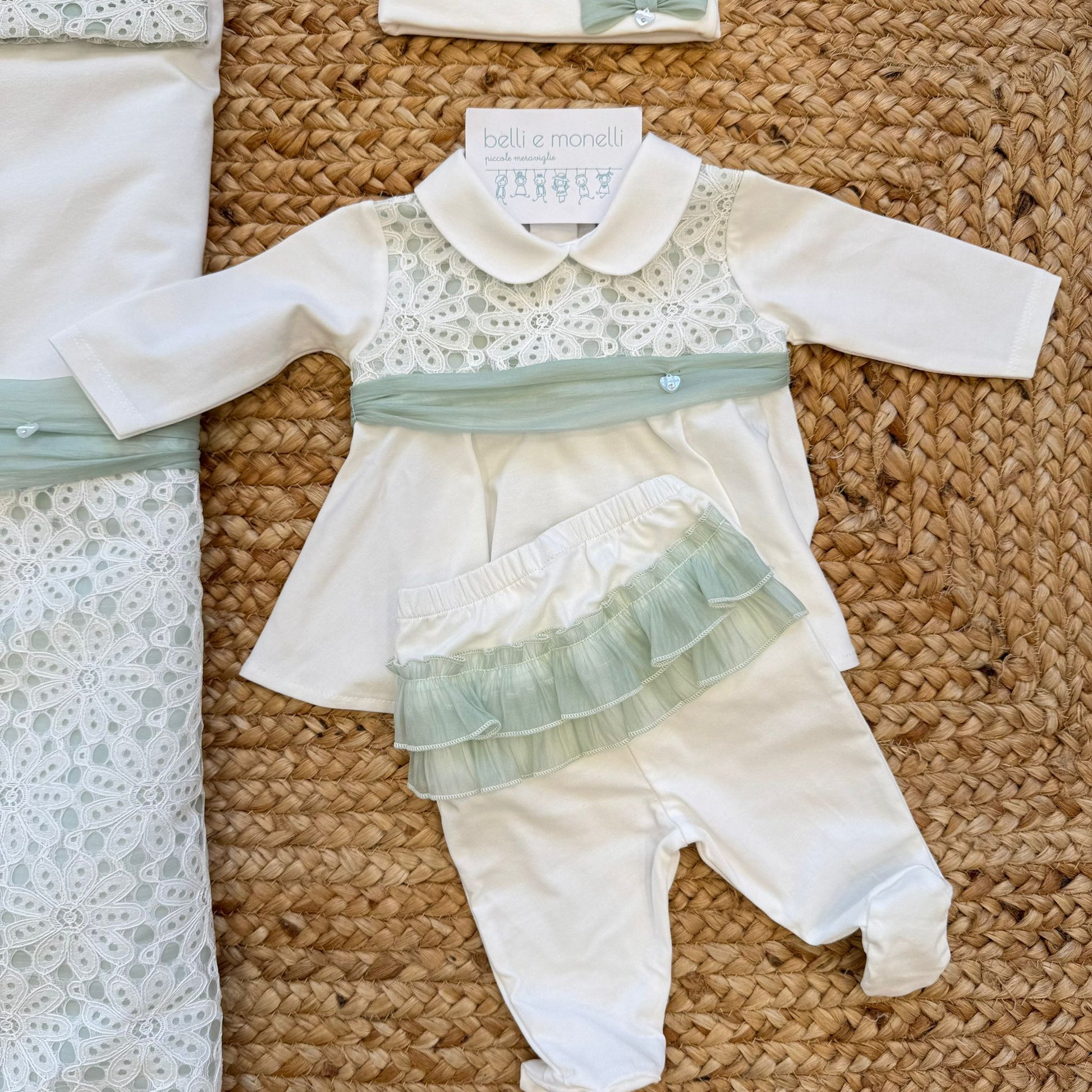 tutina neonata 100% cotone con dettagli verde salvia