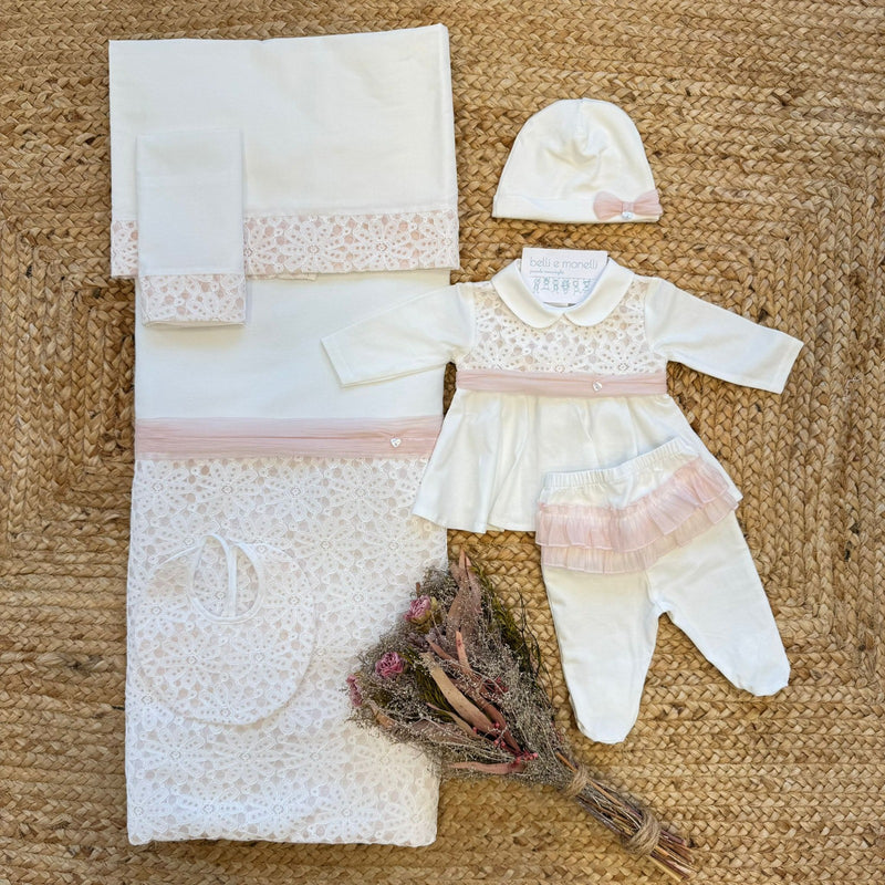 uscita clinica neonata in cotone con pizzo e fiocco rosa