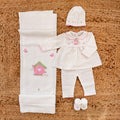 uscita clinica neonata filo di scozia bianco con ricami rosa e copertina coordinata