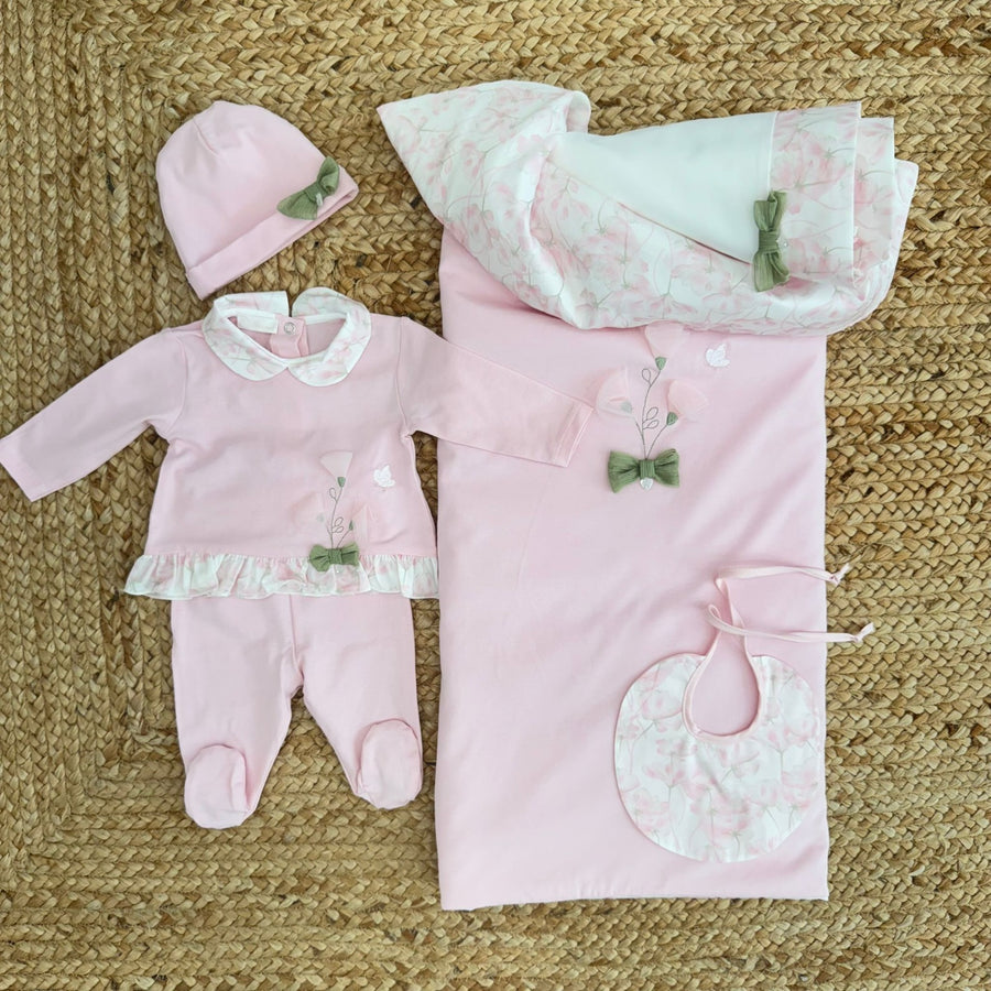 Uscita clinica neonata floreale rosa con fiocco verde