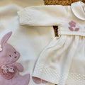 Uscita clinica neonata pura lana latte con coniglietta rosa e copertina coordinata