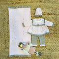 uscita clinica neonata 100% lana rosa e grigio con copertina, abito, pantalone e cappellino