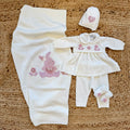Uscita clinica neonata pura lana latte con coniglietta rosa e copertina coordinata