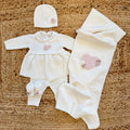Uscita clinica neonata in pura lana latte con copertina cappellino e scarpine rosa