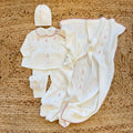Uscita clinica neonata in pura lana latte e rosa con completo, copertina, cappellino e scarpine
