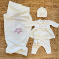 Uscita clinica neonata in pura lana latte e rosa con completo, copertina, cappellino e scarpine