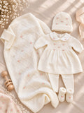 Uscita clinica neonata in pura lana panna con ricami rosa completa di copertina cappellino e scarpine