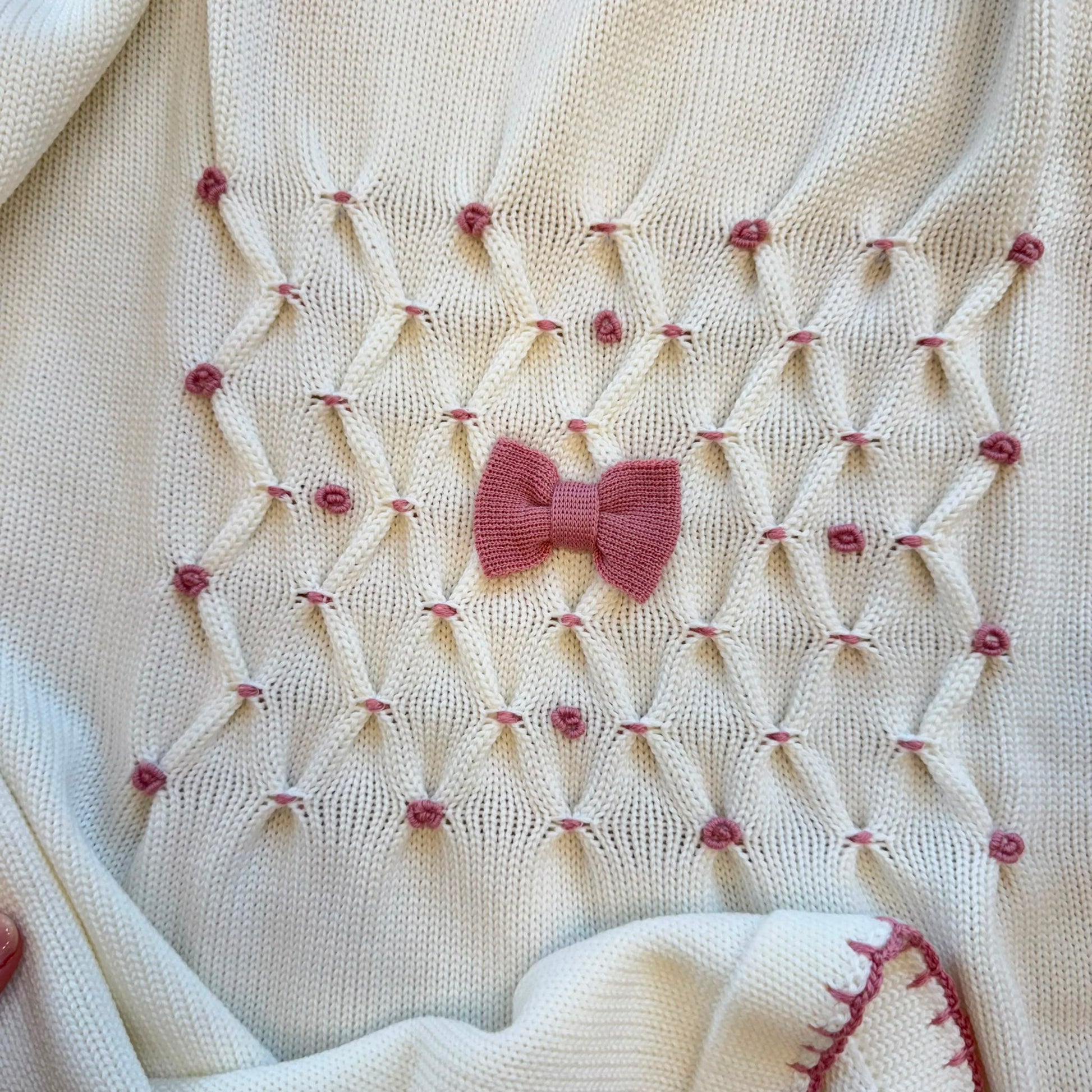 Set nascita uscita clinica neonata in lana Tollegno Merino Extrafine con ricamo nido d'ape.