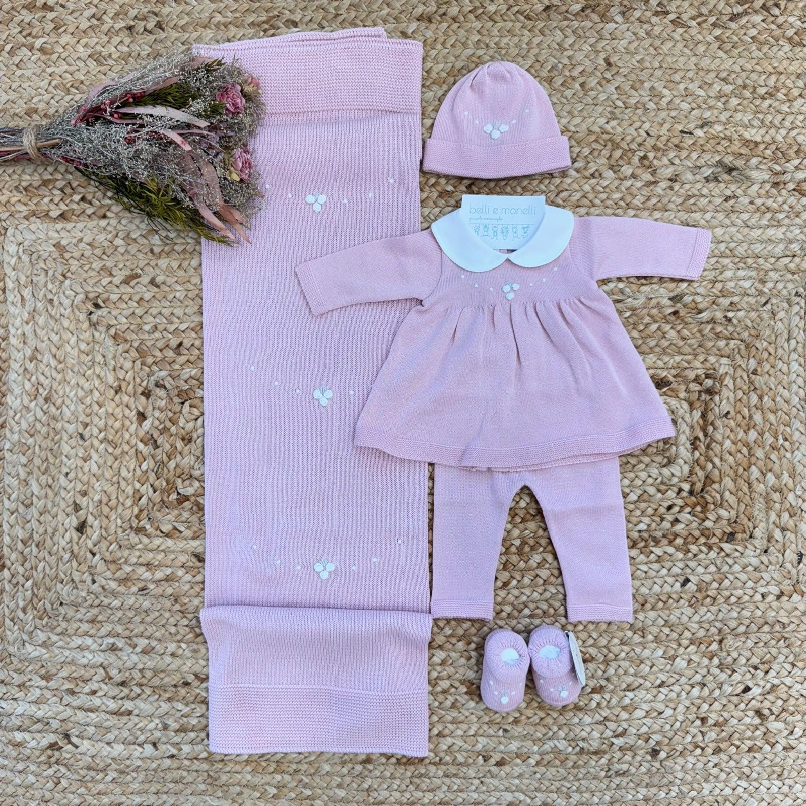 Uscita clinica rosa per neonata in filo di cotone con tutina e copertina