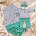 Uscita clinica neonato in pura lana grigio e verde con orsetto completa di copertina cappellino e scarpine