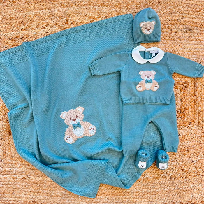 Uscita clinica neonato in pura lana verde oliva con copertina, completo, cappellino e scarpine con orsetto