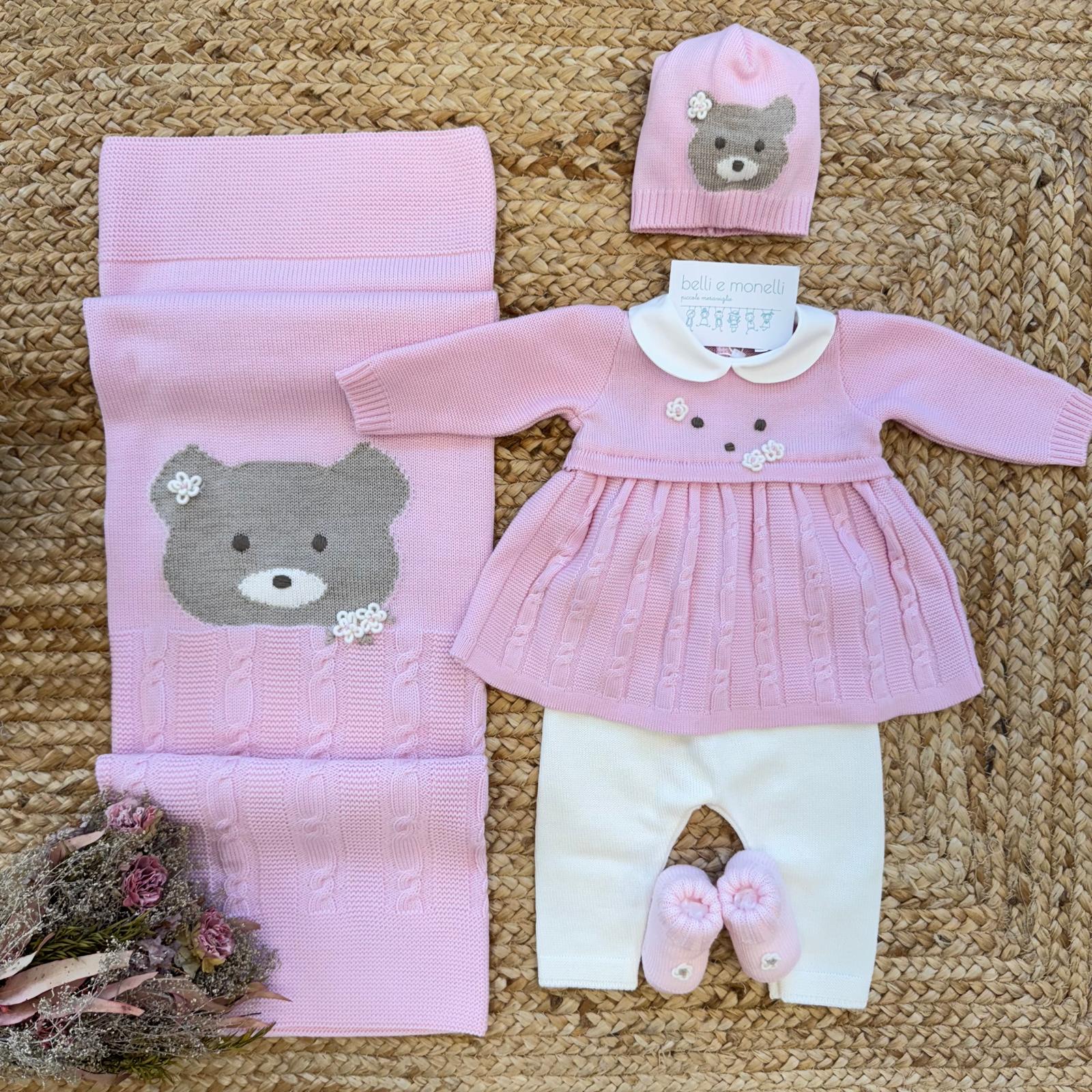 uscita clinica neonata in pura lana rosa con orsetto e copertina coordinata
