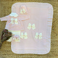 uscita clinica neonata lana rosa con fiocchi panna e copertina coordinata