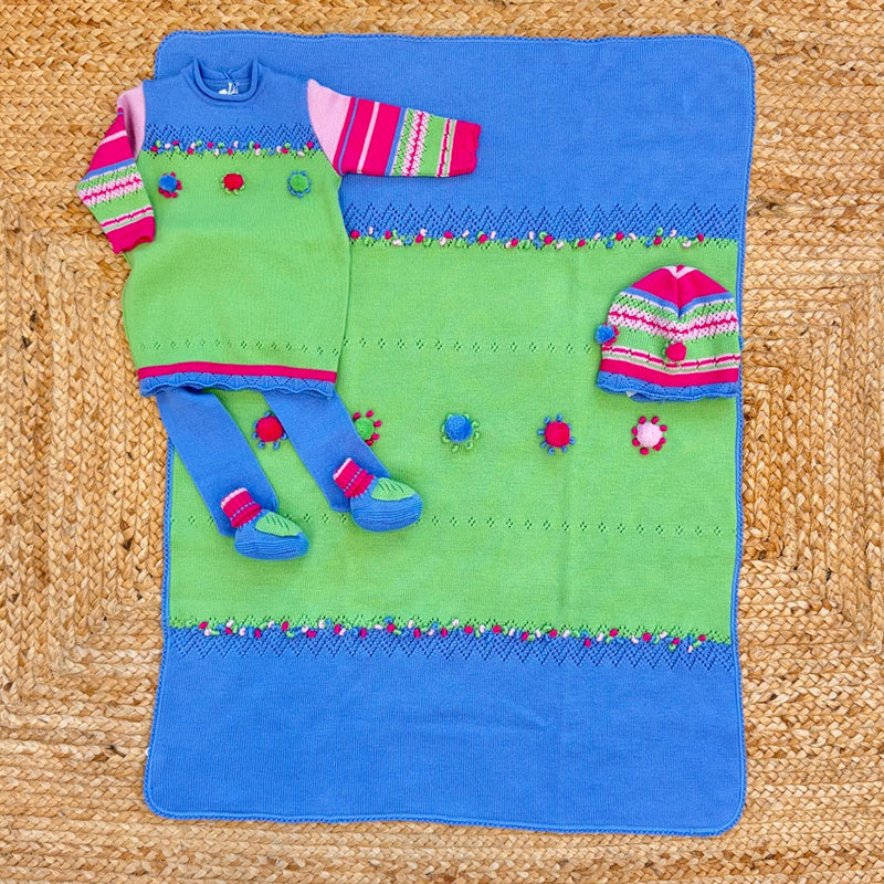 uscita clinica pura lana verde e blu con tunica, copertina, cappellino e scarpette