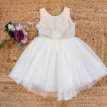 vestitino battesimo bimba avorio in viscosa lino con gonna tulle
