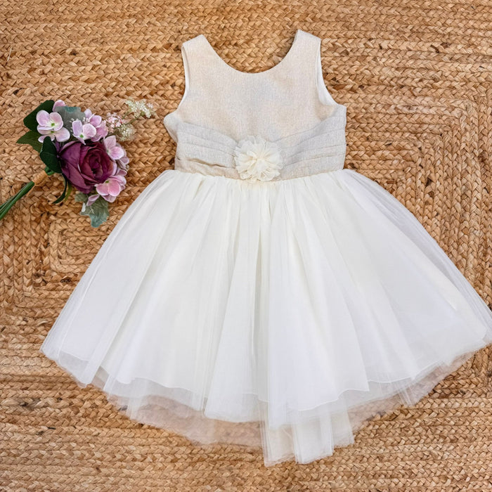 vestitino battesimo bimba avorio in viscosa lino con gonna tulle