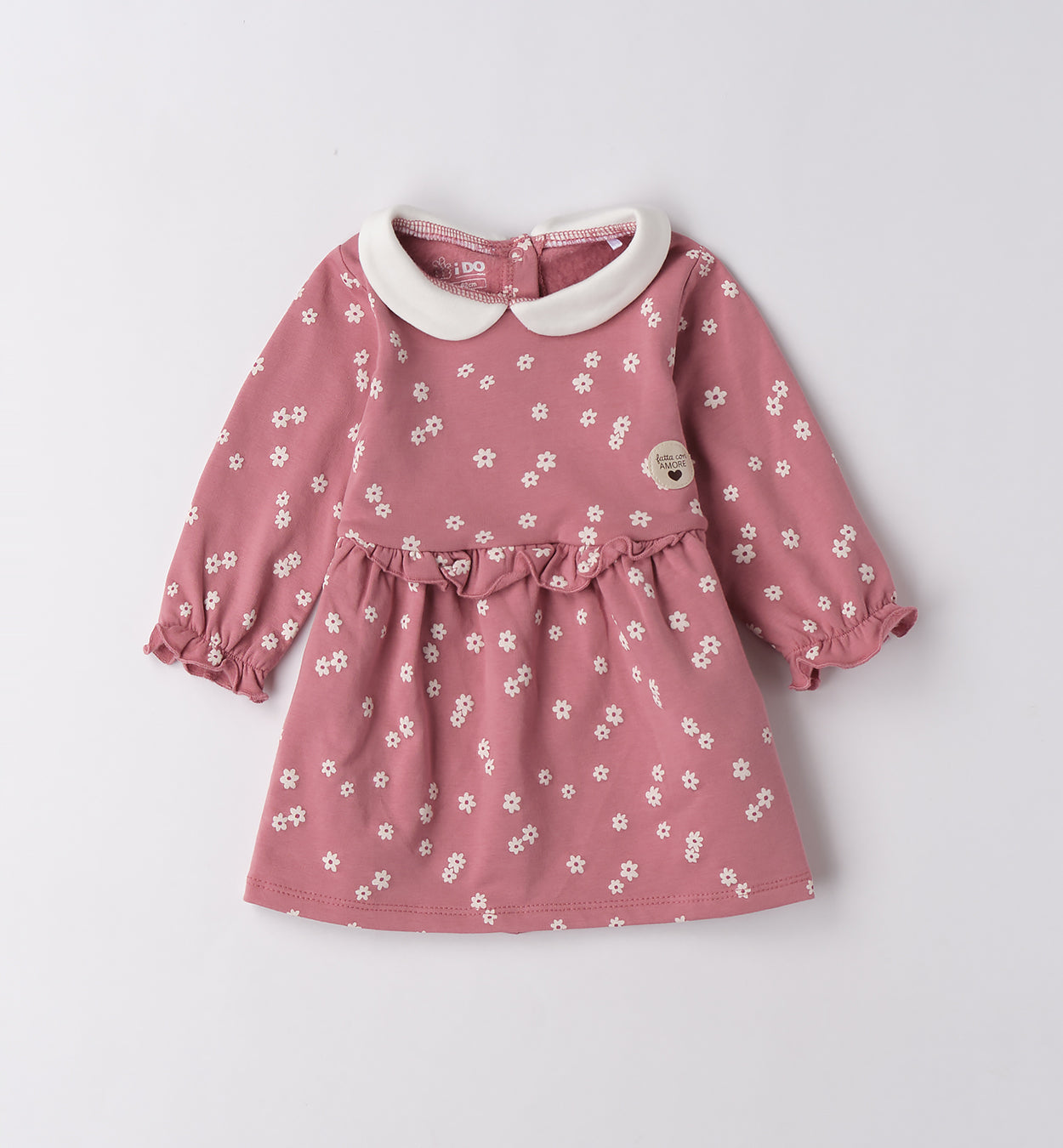 vestitino neonata in caldo cotone rosa con colletto bianco e fiori