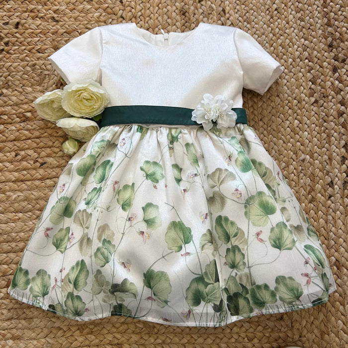 Vestito bambina cerimonia con stampa foglie verdi, fiocco e fiori bianchi