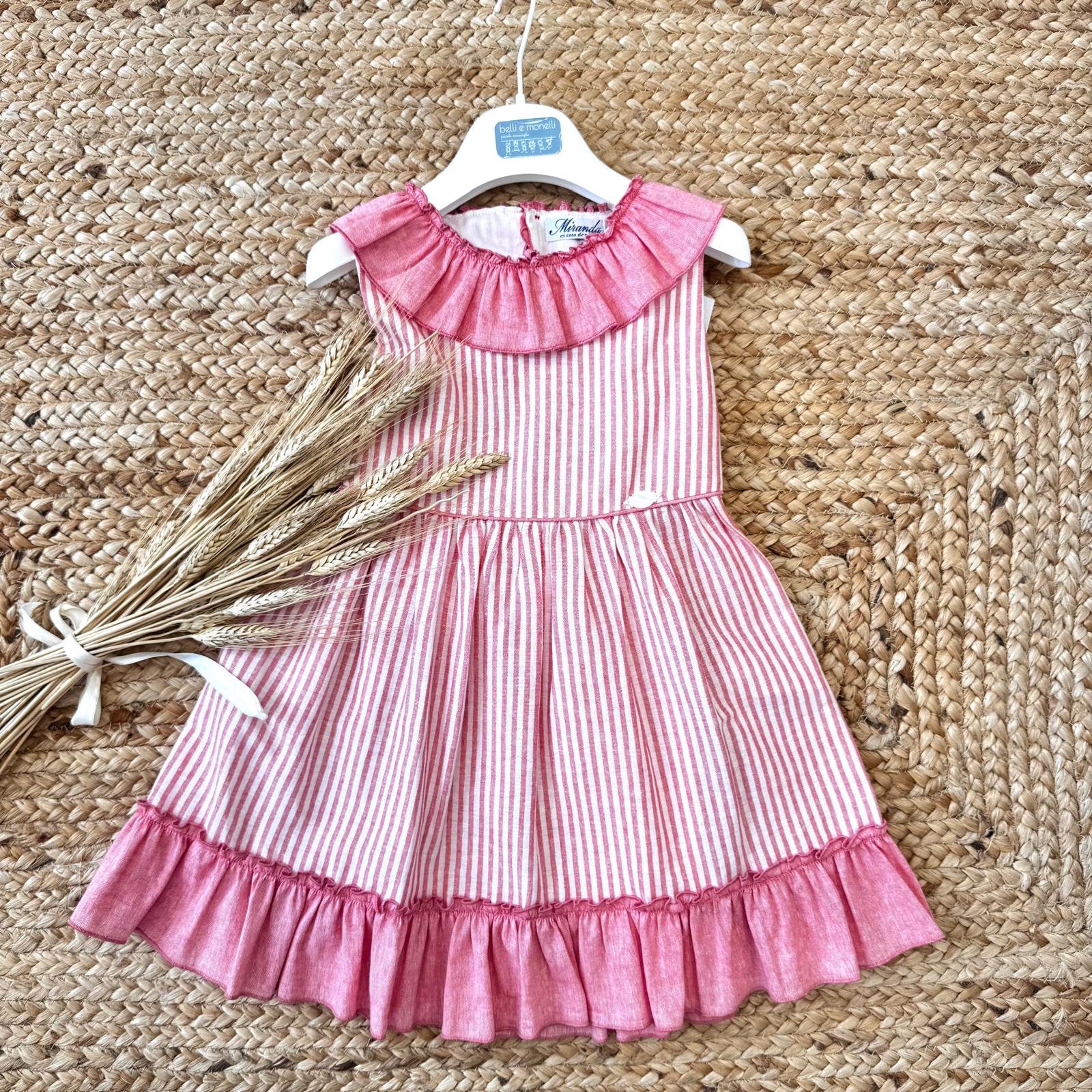 Vestito estivo bambina a righe rosa con volant e grande fiocco dietro