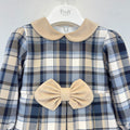 Abito bimba tartan blu e beige con colletto e fiocco