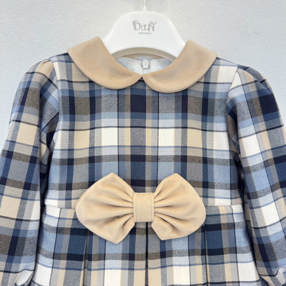 Abito bimba tartan blu e beige con colletto e fiocco