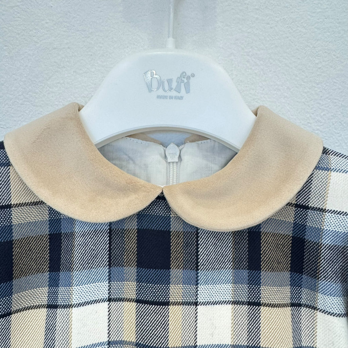 Abito bimba tartan blu e beige con colletto e fiocco