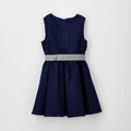 Abito bimba blu gessato con cintura argentata e taschina coordinata