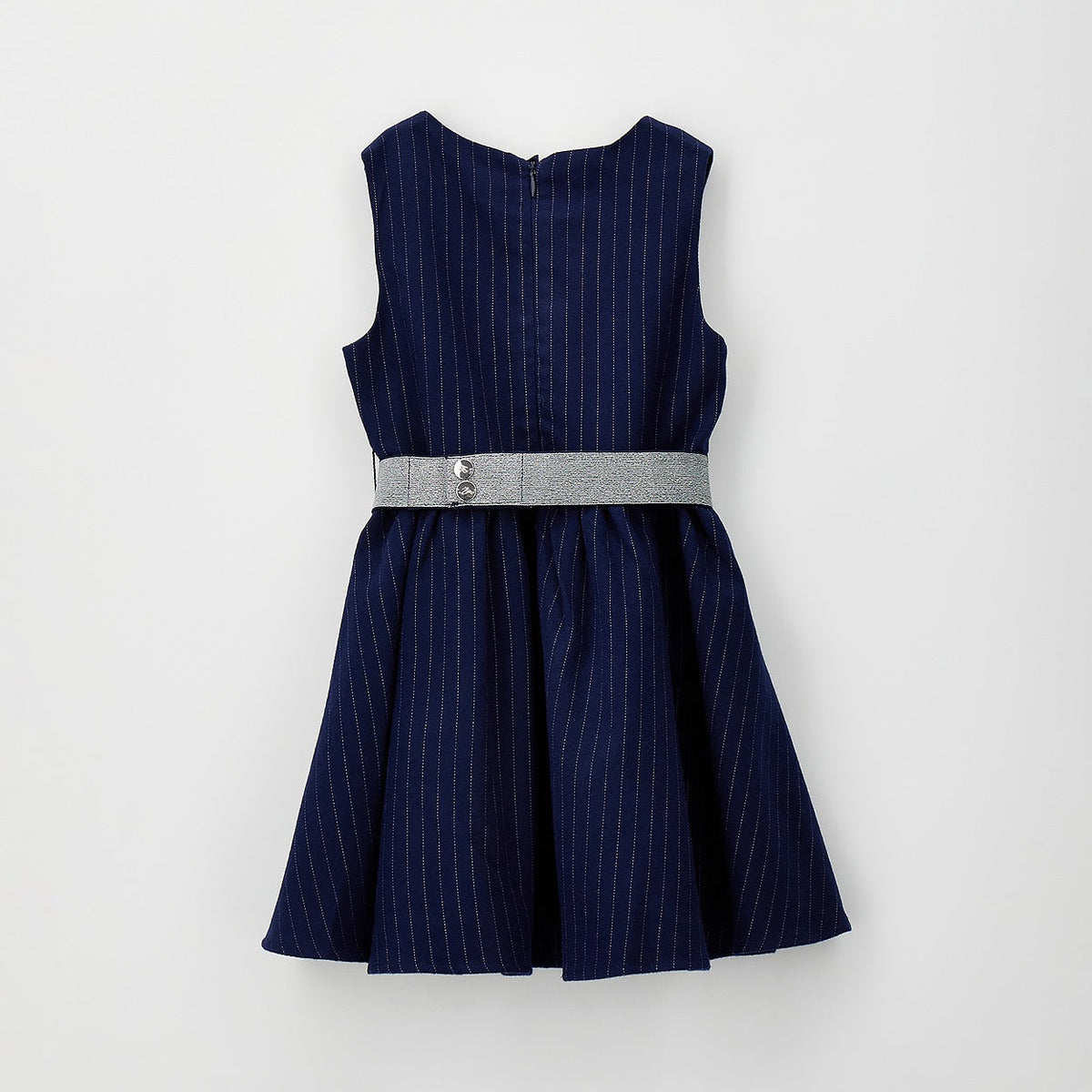 Abito bimba blu gessato con cintura argentata e taschina coordinata