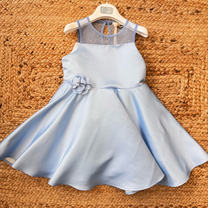 Vestito celeste bambina con tulle trasparente e fiore decorativo