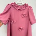 Abito elegante bambina rosa antico in misto cotone con fiori applicati, maniche a palloncino e collo con volant