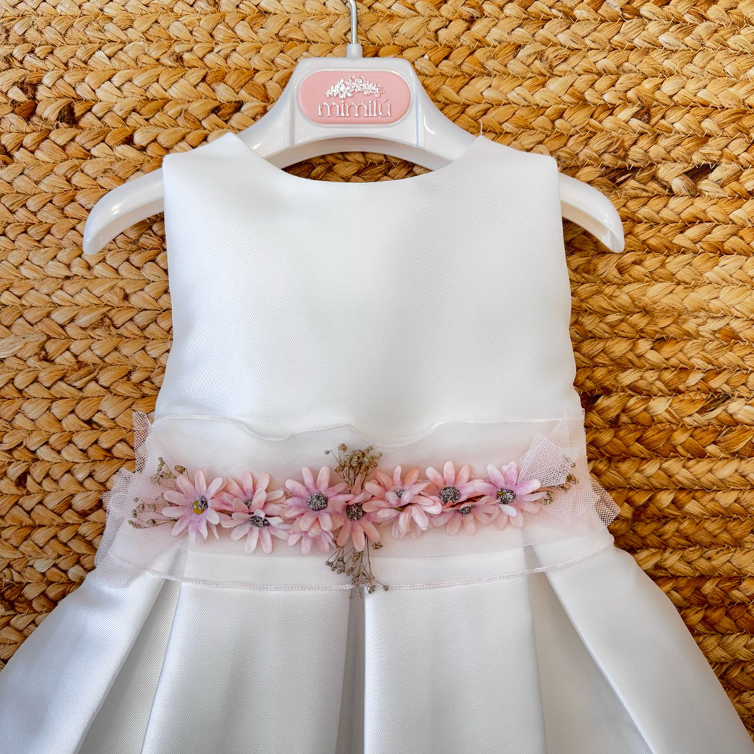 Vestito cerimonia bambina bianco con cintura floreale rosa