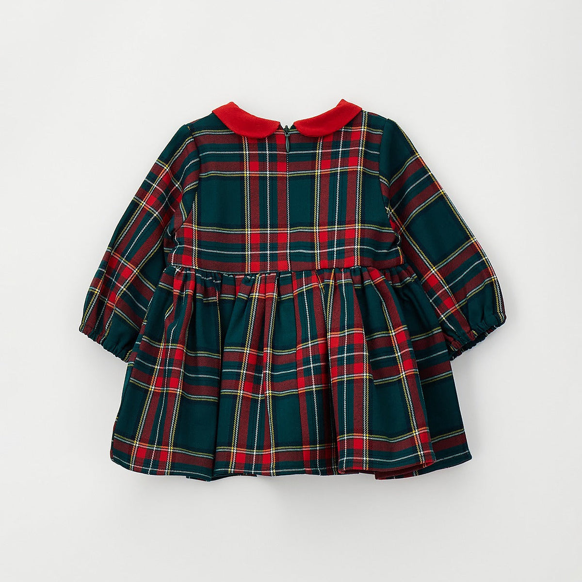 Abito natalizio bimba tartan verde e rosso con colletto e fiocco rosso in vita