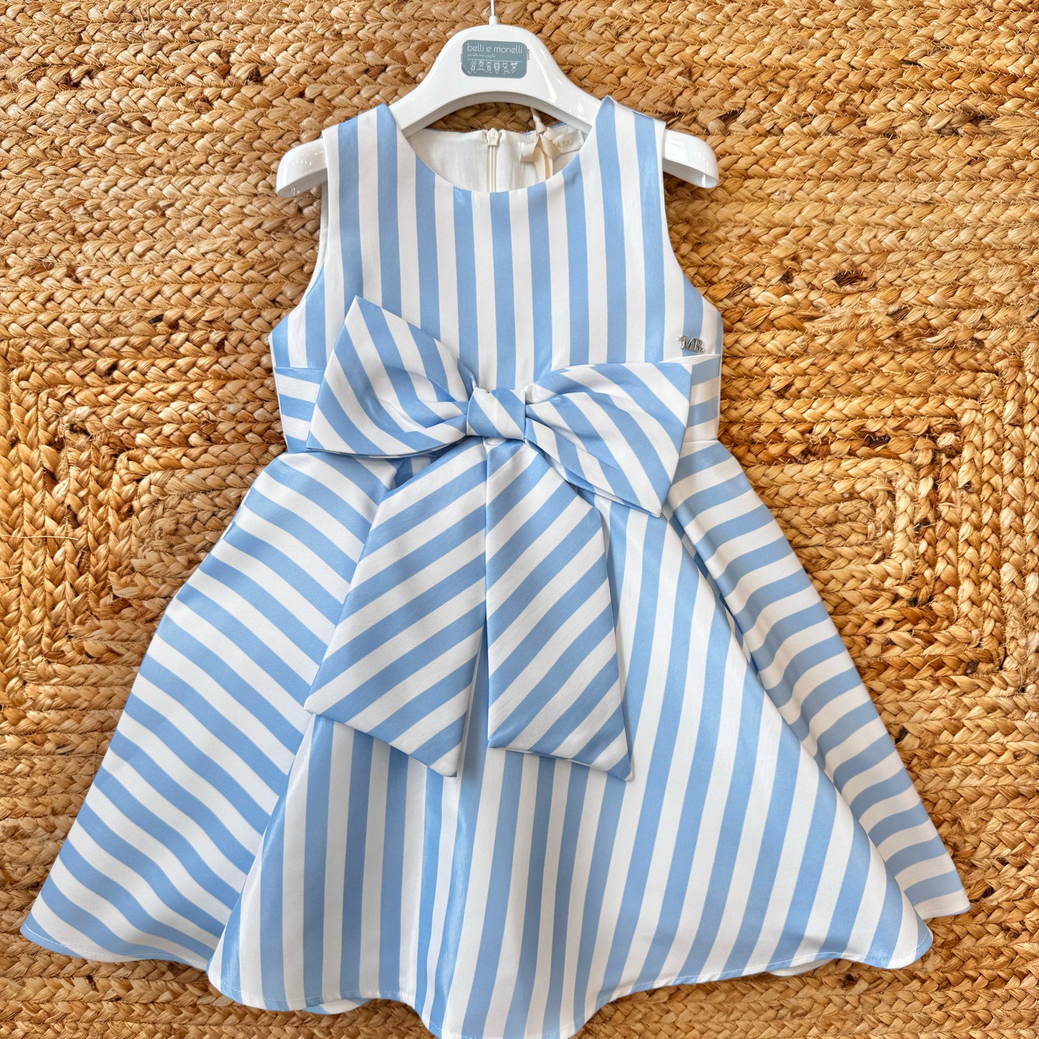 Vestito bambina a righe azzurre con fiocco frontale

