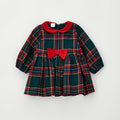 Abito natalizio bimba tartan verde e rosso con colletto e fiocco rosso in vita